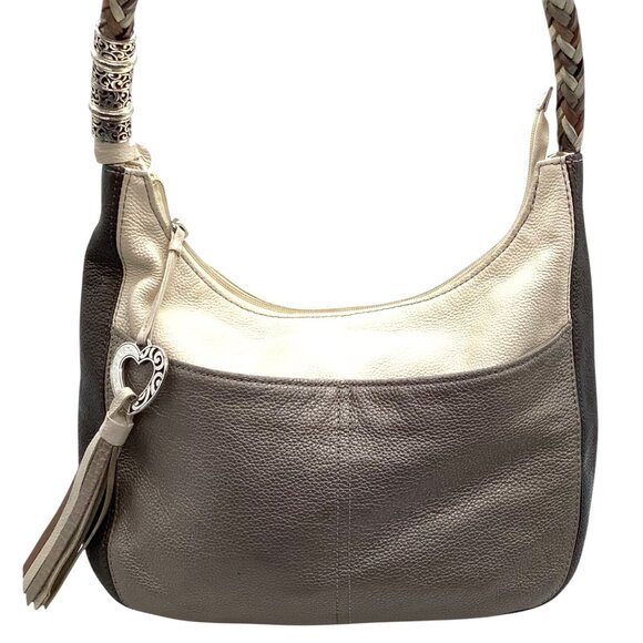 Rare Retired Brighton Barbados Zip Top Hobo Shoulder Bag Colorblock Pewter Cream - Picture 3 of 10